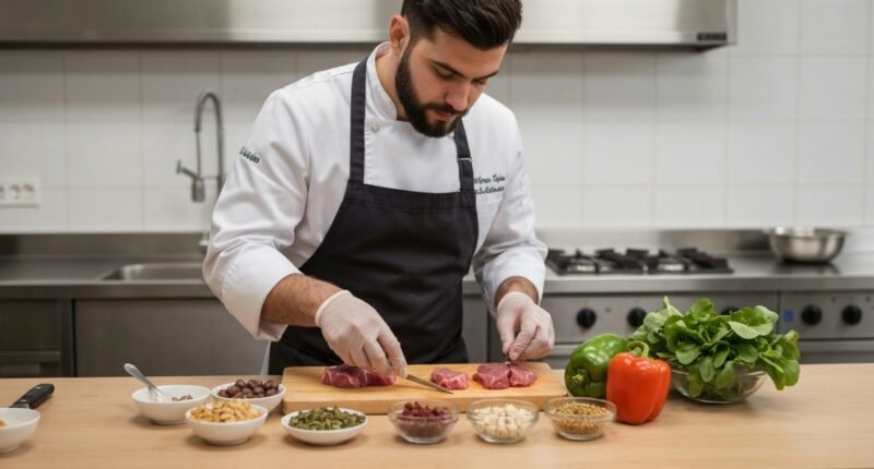 Chef preparando comida crua natural e balanceada para cães com ingredientes frescos.