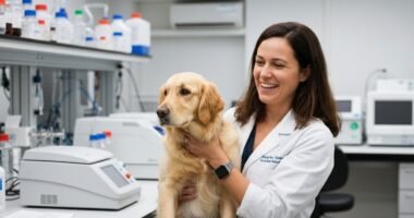Cientista com cachorro em laboratório moderno