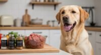 Cão feliz e saudável ao lado de tigela de comida natural e frascos discretos de suplementos para alimentação natural de cães em uma cozinha iluminada.