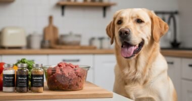 Cão feliz e saudável ao lado de tigela de comida natural e frascos discretos de suplementos para alimentação natural de cães em uma cozinha iluminada.