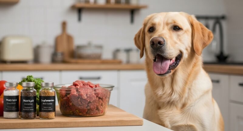 Cão feliz e saudável ao lado de tigela de comida natural e frascos discretos de suplementos para alimentação natural de cães em uma cozinha iluminada.