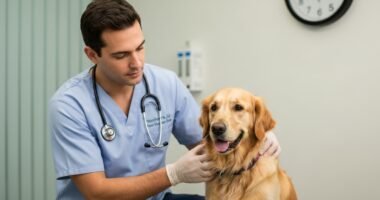 Veterinário examinando a pelagem de um cão golden retriever para avaliar a necessidade de tosa.