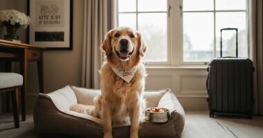Golden retriever feliz em cama de hotel boutique com serviços para pets.