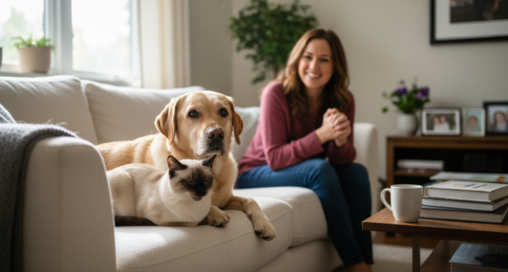 Cão e gato em um sofá com o tutor ao fundo, simbolizando cuidado e plano de saúde pet.
