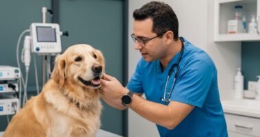 Veterinário examinando um cão Golden Retriever em clínica