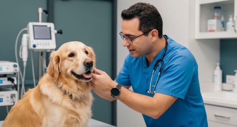 Veterinário examinando um cão Golden Retriever em clínica
