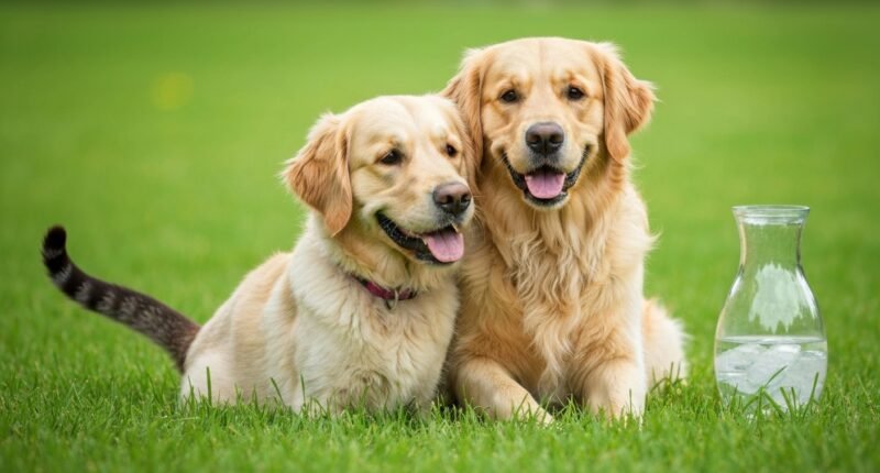 Cão e gato brincando juntos no verão com acesso a água fresca