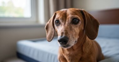 Cão Dachshund de 22 anos, Vô Davi, descansando em sua cama ortopédica, com expressão serena e olhos brilhantes, transmitindo vitalidade e longevidade.