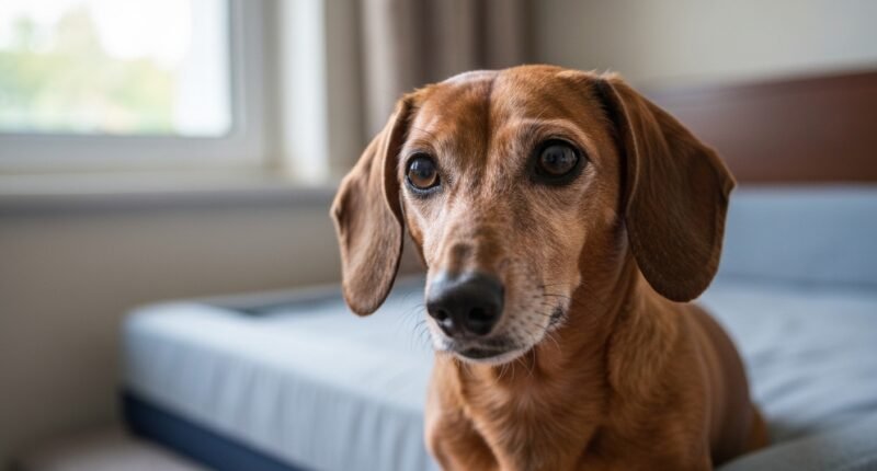 Cão Dachshund de 22 anos, Vô Davi, descansando em sua cama ortopédica, com expressão serena e olhos brilhantes, transmitindo vitalidade e longevidade.